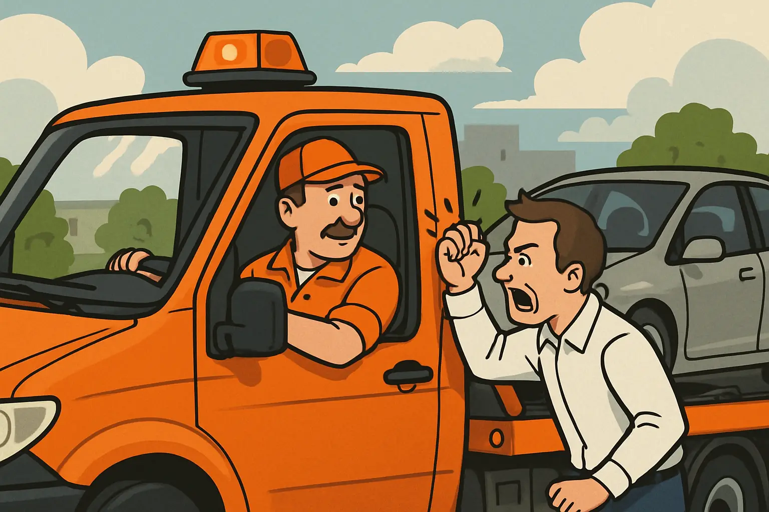 A tow truck driver towing a car with a man banging on the dr - media corp usa Tow truck with driver