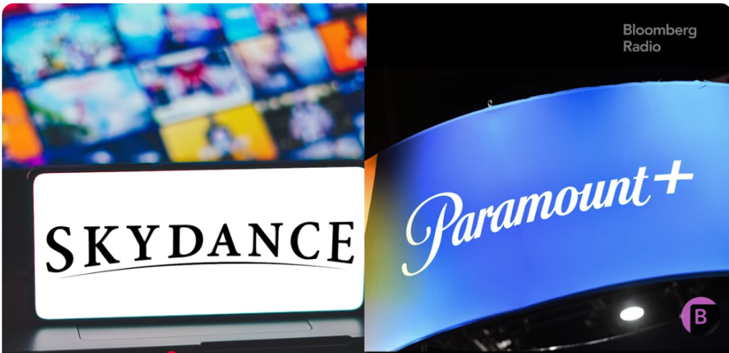 Split Collage: Skydance Logo on the Left and a Curved Paramount+ Sign on the Right, with a Bloomberg Radio Watermark in the Corner and Colorful Montage Above. Split Collage: Skydance Logo on the Left and a Curved Paramount+ Sign on the Right, with a Bloomberg Radio Watermark in the Corner and Colorful Montage Above.