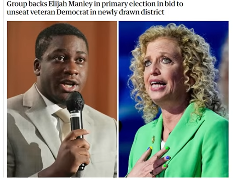 Split image of a man in a light suit speaking into a microphone (left) and a curly-haired woman in a green blazer (right), illustrating a primary race.